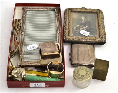 Lot 472 - Two silver photograph frames, a set of five William IV silver dessert forks, silver napkin...