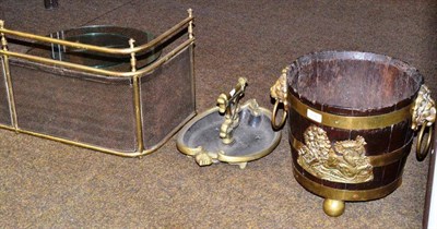 Lot 506 - A brass and steel mesh fender, a brass footscraper and a brass mounted staved oak log bucket