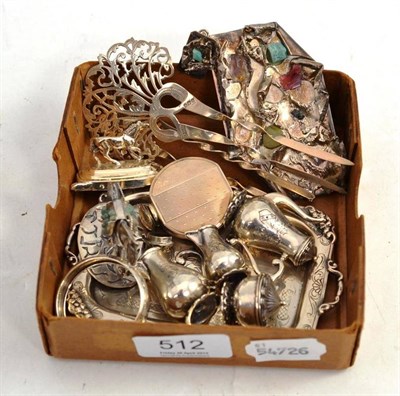 Lot 512 - Two silver hair grips, a white metal miniature tea service, silver and white metal, etc