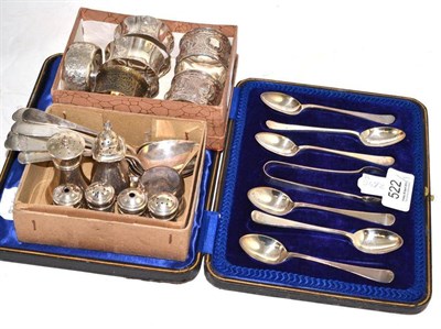 Lot 522 - A cased set of six silver teaspoons and tongs, composite set of six Georgian silver teaspoons,...