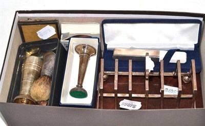 Lot 524 - A silver toast rack, a silver handled shaving brush, miniature posy vase, small photograph...