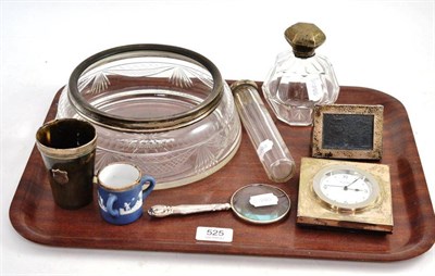 Lot 525 - Quantity of silver mounted items comprising; glass salad bowl, two jars, desk photograph frame, P&O