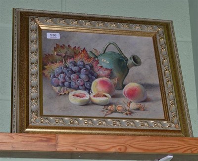 Lot 536 - Agnes Louise Holding watercolour (Late 19th / Early 20th century), a still life of peaches, cob...