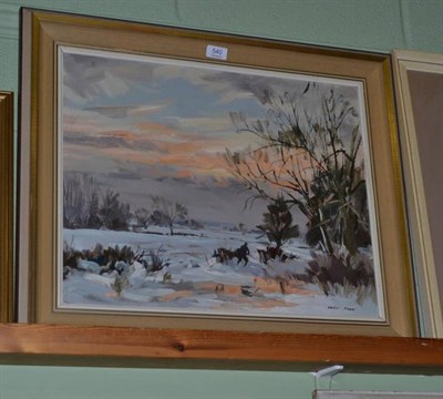 Lot 540 - Angus Rands (late 20th century), a figure walking in a snowy landscape at sunset, signed, oil...