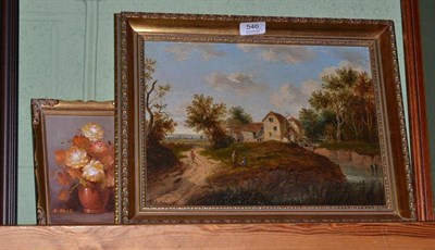 Lot 546 - A 19th century oil on board of a farm building with figures and another oil on board still life...