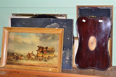 Lot 550 - Mahogany tray, papier mache tray, seven various pictures and prints (9)