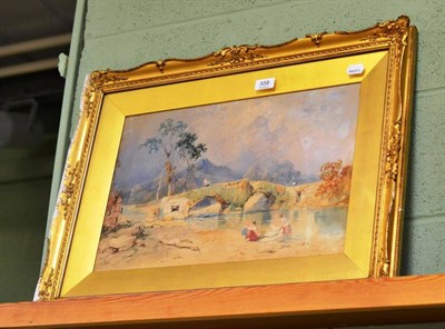 Lot 558 - Watercolour by James Barker Pyne, Figures by a River and Bridge, faded