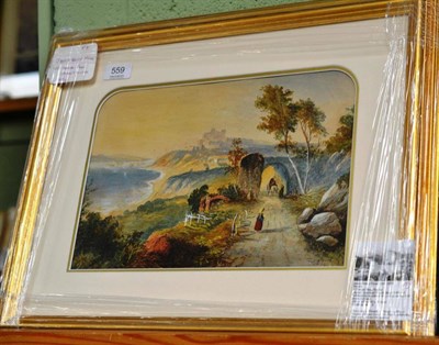 Lot 559 - Circle of James Baker Pyne (1800-1870) Figures and cattle on continental coastal path, bears a...