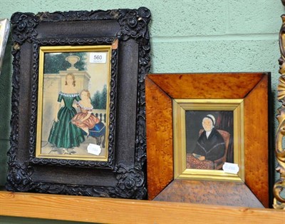 Lot 560 - Early Victorian portrait on card of children in dark frame and a portrait of an elderly lady in...