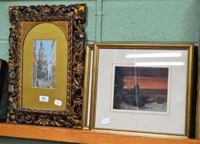 Lot 561 - Continental watercolour of a cathedral in Florentine giltwood frame, and two gilt-framed...