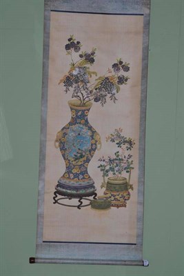 Lot 573 - A 20th century Chinese scroll painted with a vase of flowers and a small framed picture of...