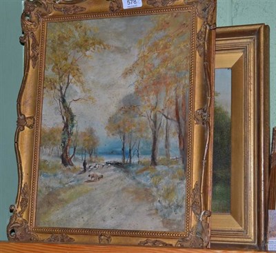 Lot 578 - Norwich school gilt framed oil on canvas landscape together with a landscape figure and sheep