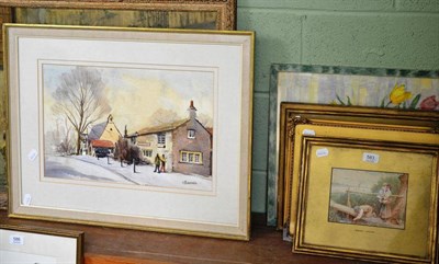 Lot 583 - Two framed watercolours after Birket Foster, and four other pictures (6)