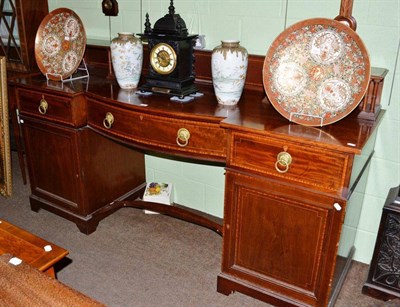 Lot 602 - 19th century inlaid mahogany twin pedestal sideboard with raised upstand