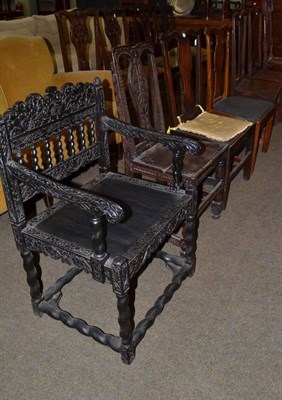 Lot 702 - A pair of Provincial elm fiddle back side chairs, two similar side chairs, a similar side chair...