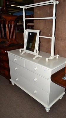 Lot 771 - A Victorian cream painted pine three height chest, a towel rail and a toilet mirror