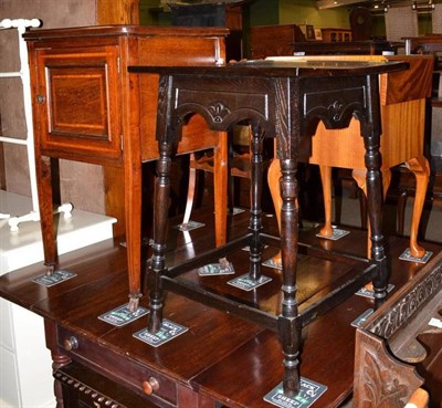 Lot 772 - Edwardian mahogany and satinwood banded pot cupboard, coal purdonium and an ebonised table