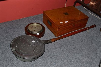 Lot 928 - Oak hinged canteen box (missing fittings), mahogany inlaid circular wall barometer and bed...