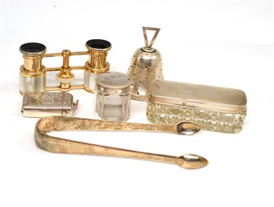 Lot 4 - Silver topped jars, opera glasses, silver tongs and a silver bell