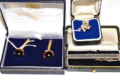 Lot 9 - An 18ct gold cultured pearl and emerald ring, a pair of paste set cufflinks, and a silver tie slide