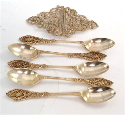 Lot 38 - Silver metal nurse's buckle and five silver teaspoons