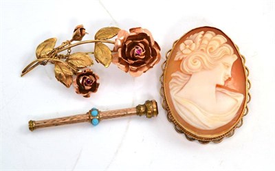 Lot 39 - A cameo brooch, floral spray brooch and a turquoise set pencil