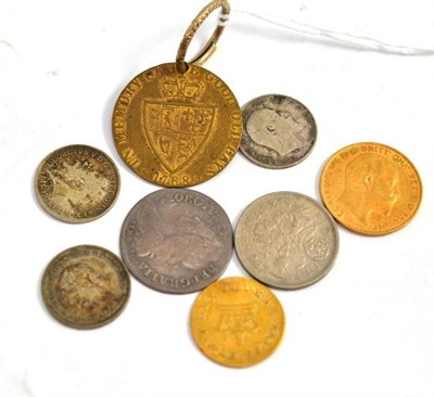 Lot 53 - A 1/2 guinea, a 1910 half sovereign and six other coins (one drilled)