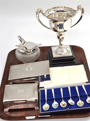 Lot 76 - A silver twin handled cup, inscription 'Whitsun Open Meeting St Annes', two silver mounted boxes, a