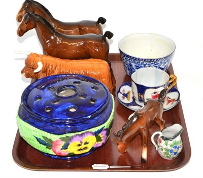 Lot 78 - Three Beswick horses, Highland bull, Ringtons posy basket etc