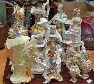 Lot 79 - Pair of bisque figures, flower encrusted jugs, etc