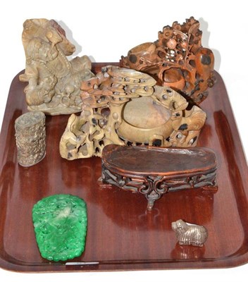 Lot 91 - Three Chinese soapstone groups, jade type plaque, Chinese white metal oval box and a lion