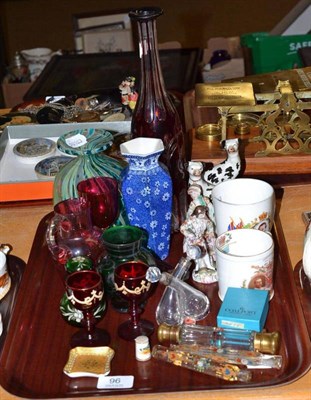 Lot 96 - Double glass scent, cranberry, pair of Staffordshire dogs, Bohemian decanter, etc