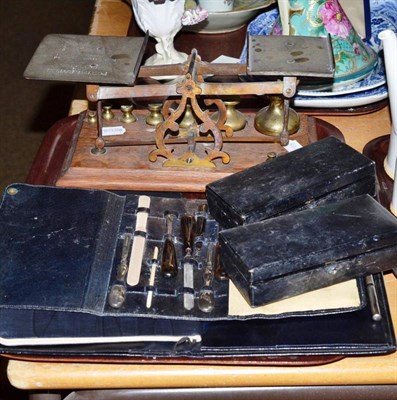 Lot 98 - Postal scales and weights, two jewellery boxes, blotter with silver fountain pen and a manicure set