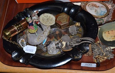 Lot 100 - Collectables, including brooches, watch chains, bone, tiny Austrian bronze cat, etc