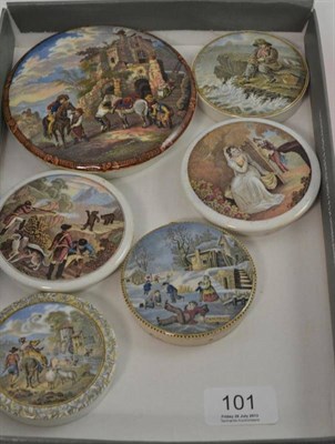 Lot 101 - Six Victorian pot lids, including 'Dangerous'