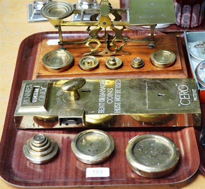 Lot 103 - A set of scales with weights, scales stamped 'S.Mordan & Co' and a 'Cero Patent' lock