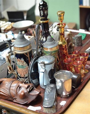 Lot 104 - An early 20th century Bohemian glass decanter, gilt liqueur set, carved mask, dressing table...