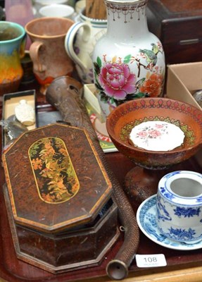 Lot 108 - A tray including various decanter labels, miniature snuff tool, vase, etc