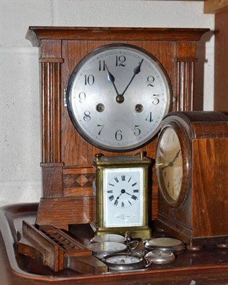 Lot 127 - A striking mantel clock, mantel timepiece, carriage timepiece, two pocket watches and a fob...