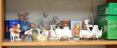 Lot 135 - Two Royal Albert figures, two Royal Doulton dogs, robin, Bunnykins, Wade pig, two Lladro...