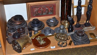 Lot 138 - Quantity of Oriental stands, pewter, brass spit, brass etc