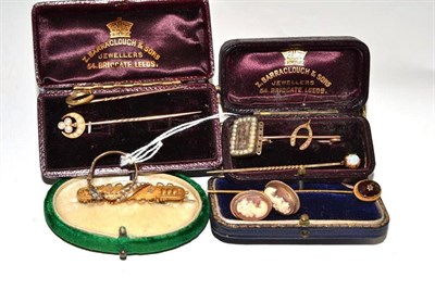 Lot 178 - A seed pearl set ring, seed pearl set stick pins and brooches etc