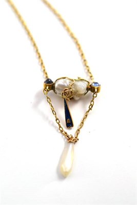 Lot 188 - An Arts & Crafts necklace, fine chains suspend a baroque pearl, in a yellow cage style setting,...