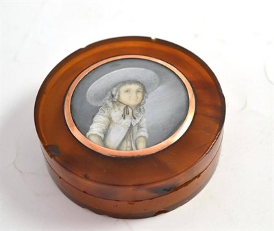 Lot 214 - A late 18th century tortoiseshell bonbonniere, the lid set with a circular portrait miniature...