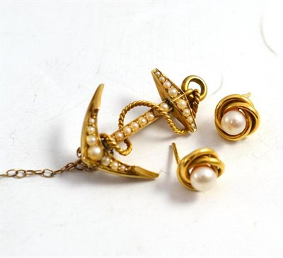 Lot 221 - Late Victorian 15ct gold and pearl anchor brooch in fitted case and pair of gold and pearl knot...