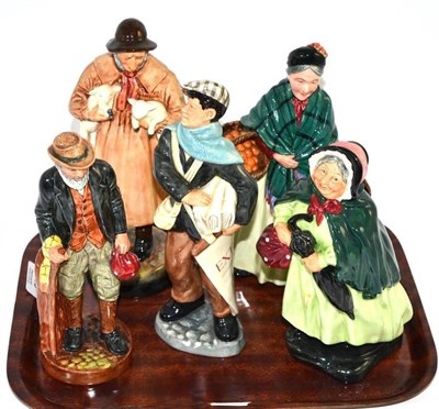 Lot 228 - Five Royal Doulton figures, The Orange Lady HN1953, Sairey Gamp, Lambing Time HN1890, News Boy...