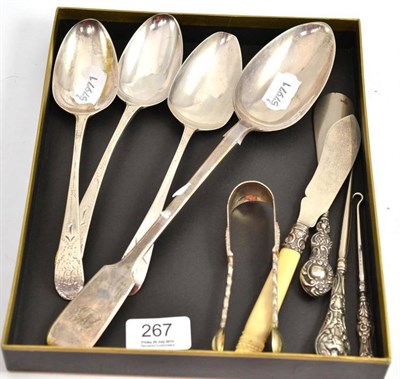 Lot 267 - A silver serving spoon and three tablespoons, pair of white metal sugar tongs, silver mounted...