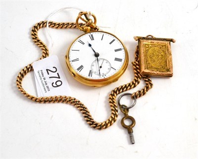 Lot 279 - An 18ct gold pocket watch with attached yellow metal chain and locket