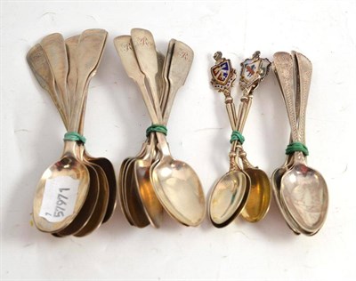 Lot 280 - Two sets of six silver teaspoons, six other silver teaspoons and three silver and enamel teaspoons