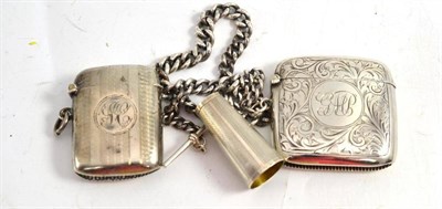 Lot 288 - Two silver vestas, T-bar chain and a silver engine turned cigar holder